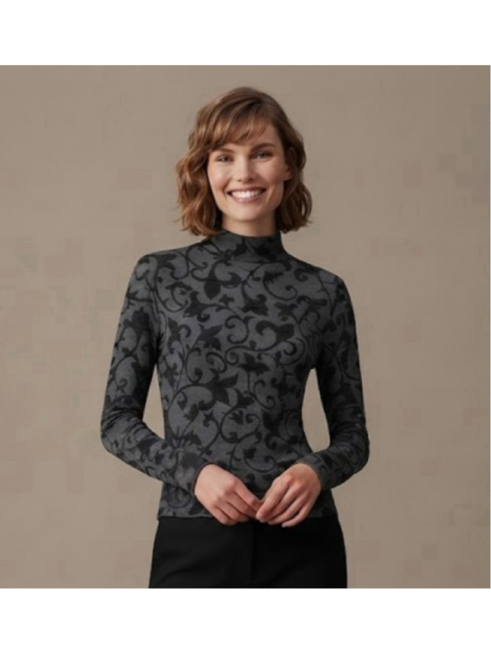 Anne Fontaine Long Sleeve Mock Neck Top, Grey/Black, Size 4
